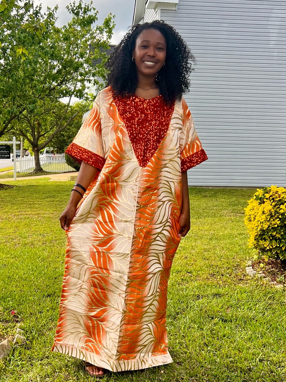 Orange and Cream Sequin Accent Kaftan